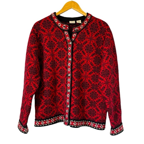 LL Bean Cardigan Sweater Red Snowflake Merino Lambswool 100% Wool Vintage Large - Picture 1 of 8